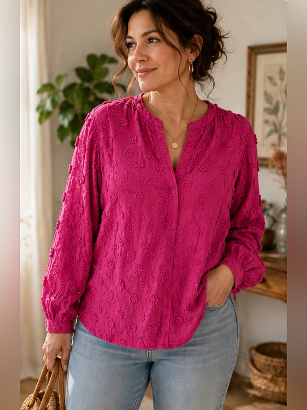 Soft Surroundings Embroidered Floral Cotton Blouse Medium Fuchsia‎ Boho